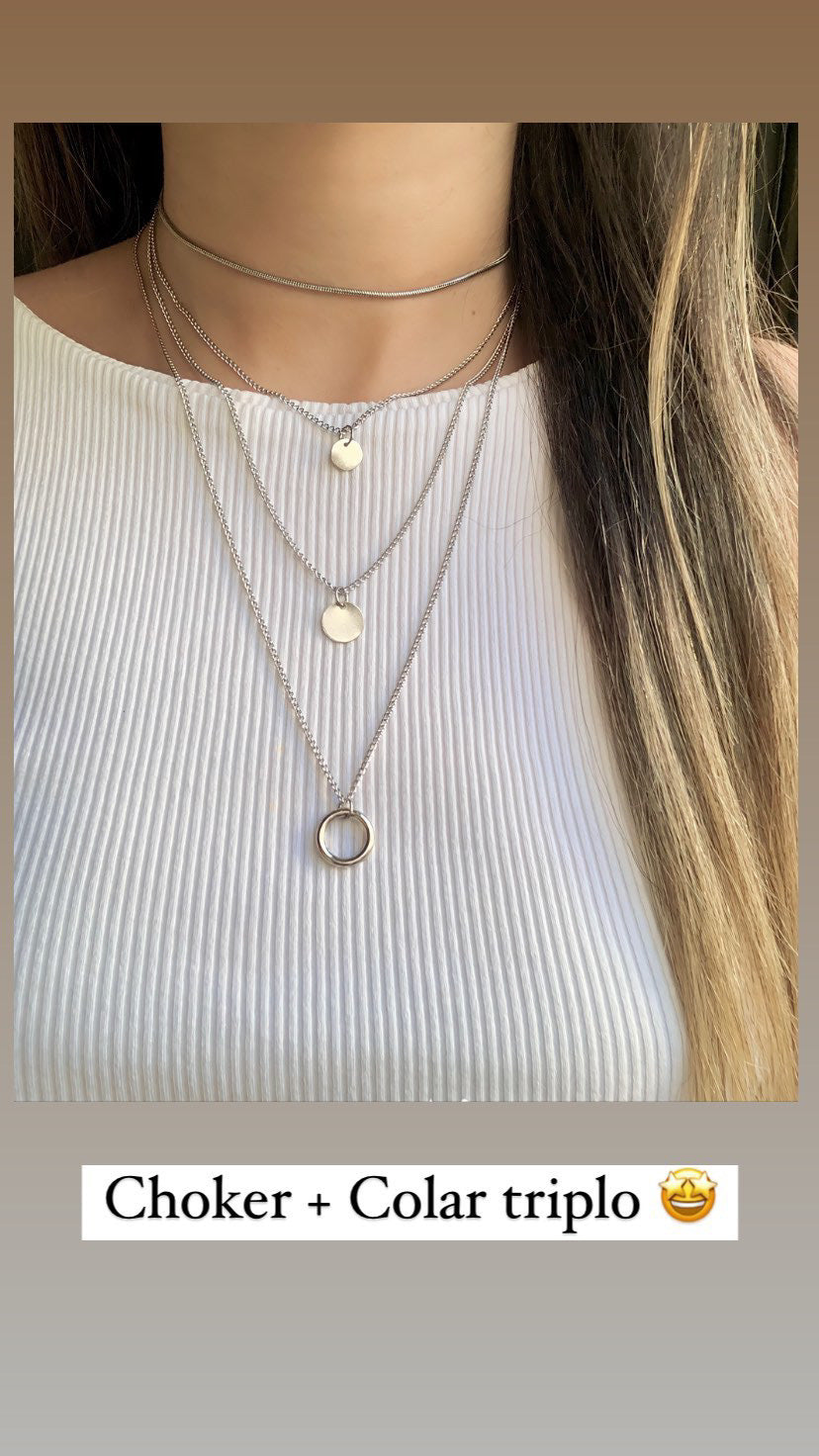 Colar Triplo medalhas e argola vazada com corrente de aço