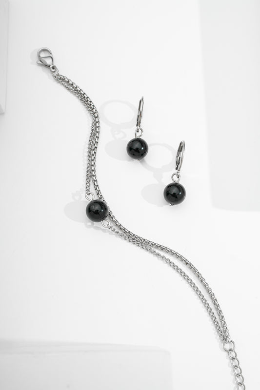 Conjunto pedra natural ônix bolinha Pulseira dupla e argolinha de aço