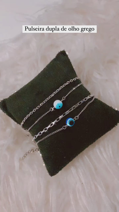 Pulseira Dupla Olho Grego branco com corrente retangular